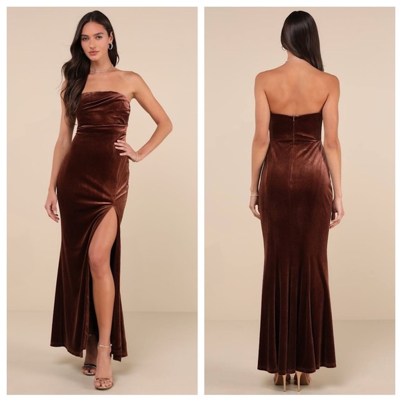 Lulus Perfectly Captivating Brown Velvet Strapless Maxi Dress - Picture 1 of 5